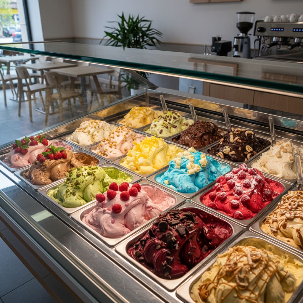 Bunte Gelato-Auswahl in der Vitrine