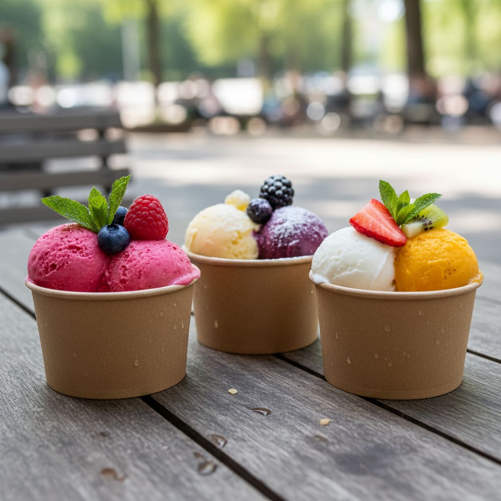 Gelato- und Sorbetbecher mit Früchten