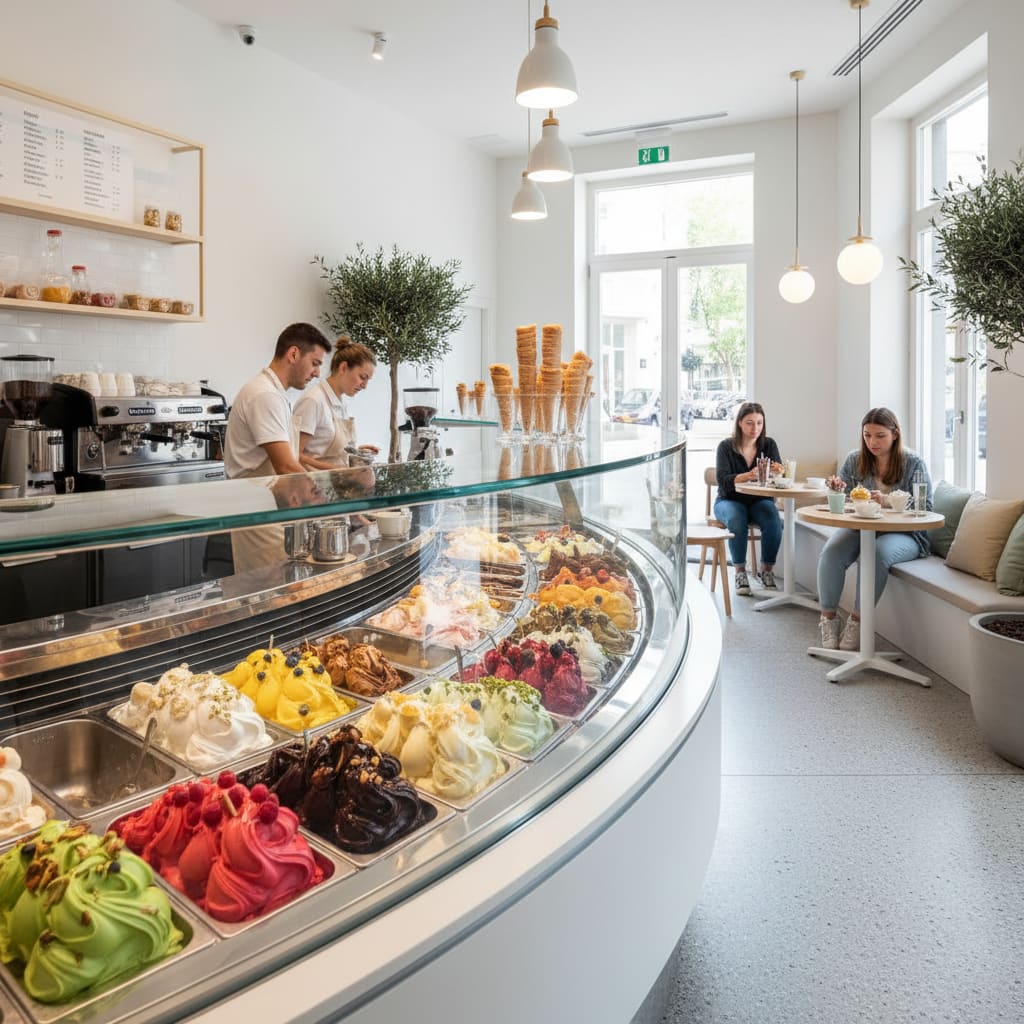 Innenraum des ArtInMet Gelato Café mit Gelato-Vitrine